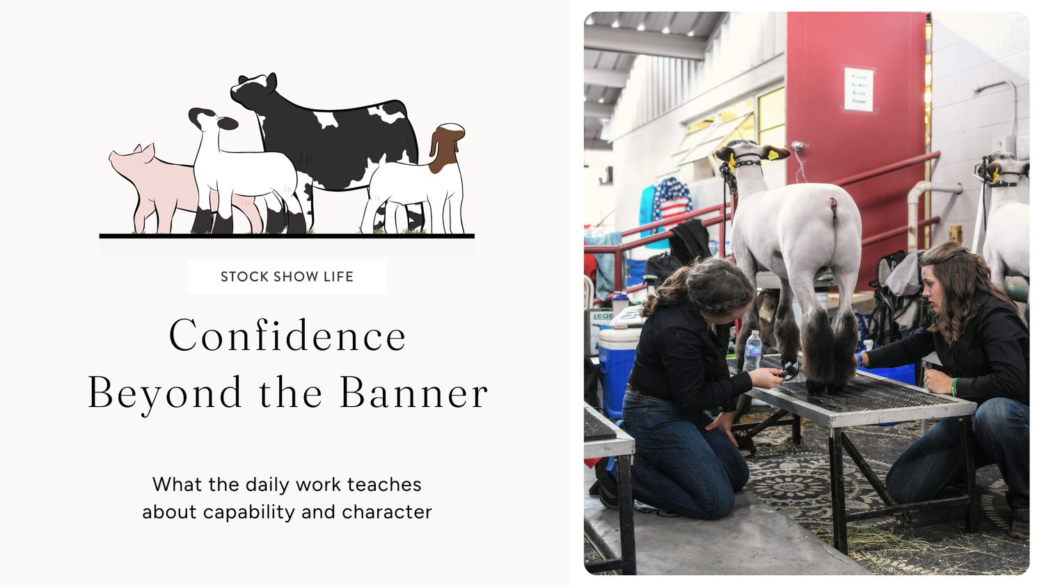 Illustrated livestock silhouettes of a pig, lamb, cattle, and goat with a collage of show kids and their animals, representing the Livestock Boutique mission of raising responsible kids through livestock life.