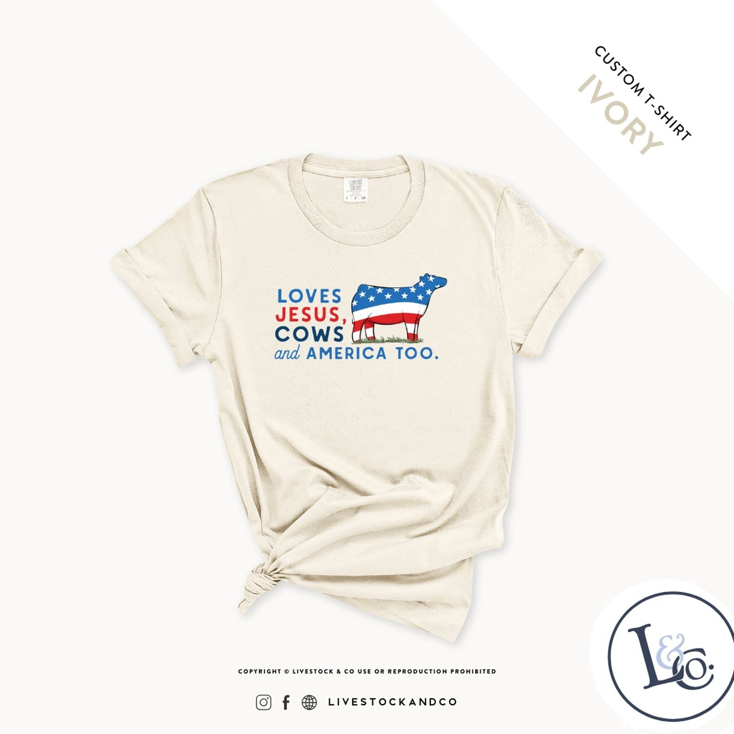 Loves Jesus, Cows & America Too Adult Cow T-Shirt