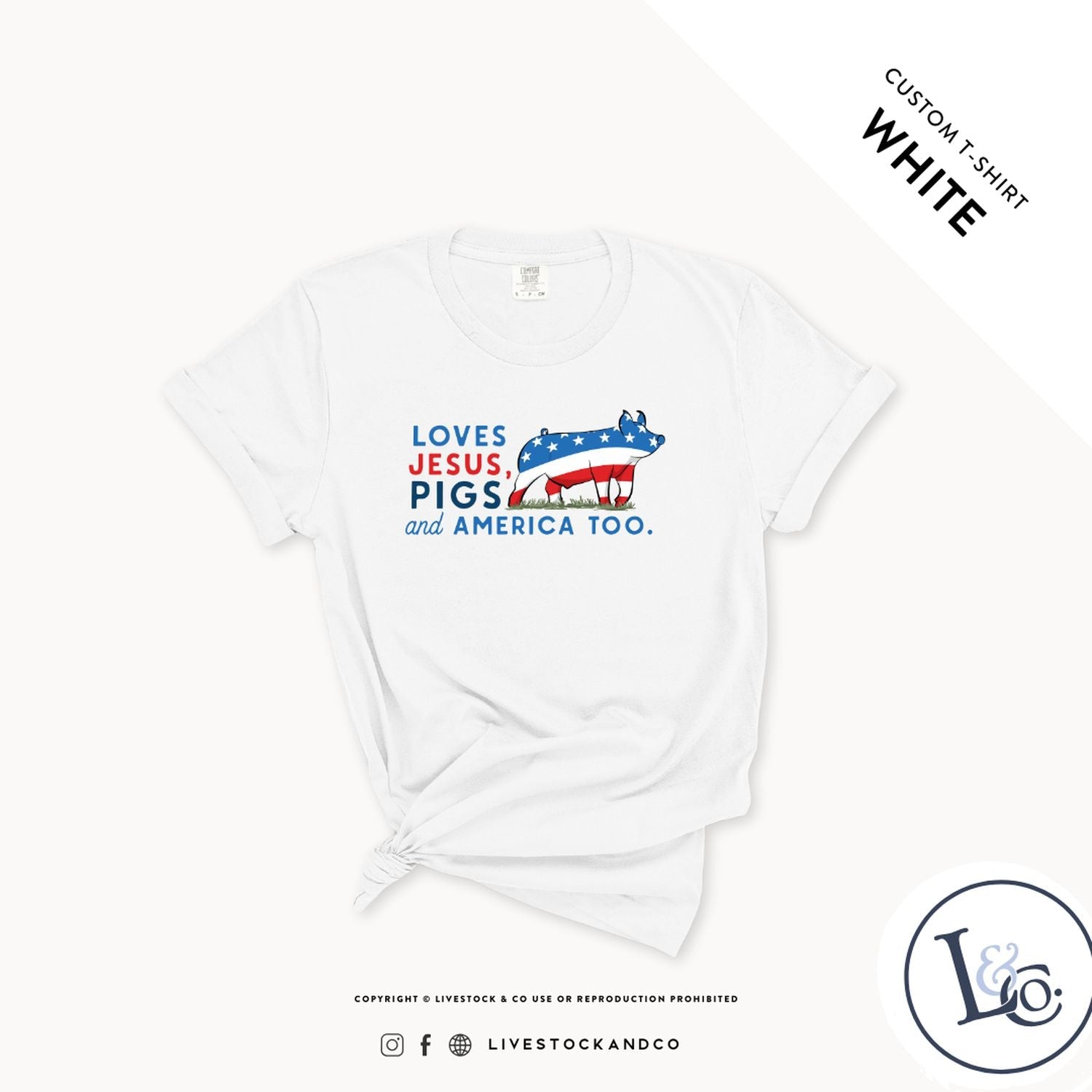 Custom Made Loves Jesus, Pigs and America Too - Youth T-Shirt Stock Show Livestock - Livestock &amp; Co. Boutique